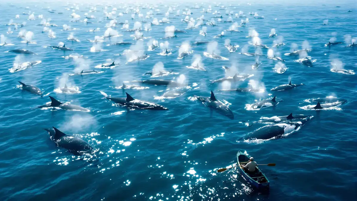 Neuveriteľné stretnutie na mori takmer 1 000 veľrýb obklopuje osamelého veslára podceňovaná udalosť